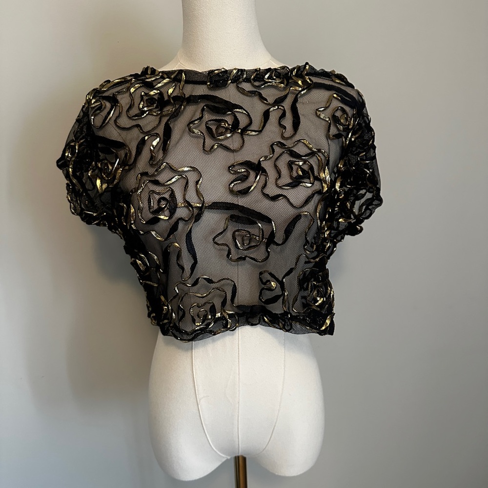 Vintage Black and Gold Floral Mesh Crop Top